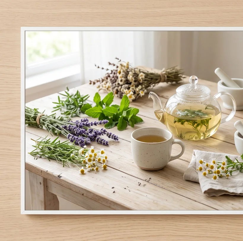 Ervas medicinais e bule de chá sobre mesa de madeira
