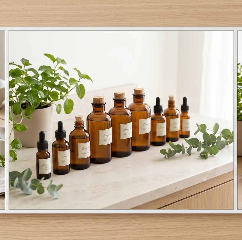 Frascos âmbar de homeopatia sobre bancada clara