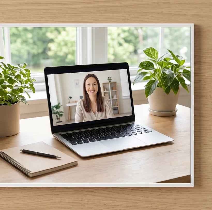 Notebook em videochamada sobre mesa de madeira com planta